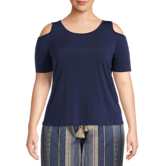 JM Collection Plus Navy Cold Shoulder Top - Plus Size Blouses - Picture 2 of 3